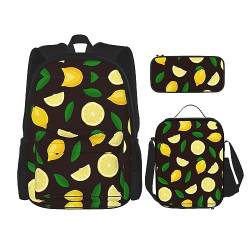 KoNsev Lemon and Flower Rucksack Schulranzen Daypack mit Lunchbox und Federmäppchen 3 in 1 Schultaschen Set, Zitronenfrucht, Einheitsgröße von KoNsev