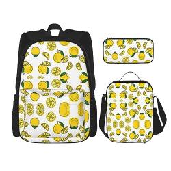 KoNsev Lemon and Flower Rucksack Schulranzen Daypack mit Lunchbox und Federmäppchen 3 in 1 Schultaschen Set, Zitronenfrucht-Muster., Einheitsgröße von KoNsev