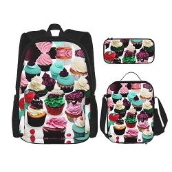 KoNsev Lustige Katzen Vögel und Blumen Rucksack Schultasche Daypack mit Lunchbox und Federmäppchen 3 in 1 Schultaschen Set, Leckere Cupcakes, Einheitsgröße von KoNsev