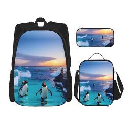 KoNsev Pinguine im Schnee Rucksack Schulranzen Daypack mit Brotdose und Federmäppchen 3 in 1 Schultaschen Set, Pinguin und Meer, Einheitsgröße von KoNsev