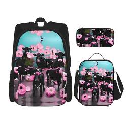 KoNsev Rosa Pudel Hunde Rucksack Schultasche Daypack mit Lunchbox und Federmäppchen 3 in 1 Schultaschen Set, Pink Flower Show Steer Kühe, Einheitsgröße von KoNsev