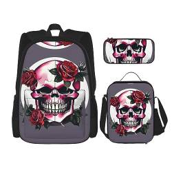 KoNsev Rose Skull Rucksack Schulranzen Daypack mit Lunchbox und Federmäppchen 3 in 1 Schultaschen Set, Rose Skull, Einheitsgröße von KoNsev