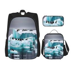 KoNsev Rucksack mit Klavier mit Musiknoten - Rucksack Schultasche Daypack mit Lunchbox und Federmäppchen 3 in 1 Schultaschen Set, Pinguine auf dem Eisberg, Einheitsgröße von KoNsev