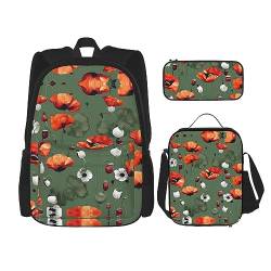 KoNsev Schwarz und Weiß Muster Rucksack Schultasche Daypack mit Lunchbox und Federmäppchen 3 in 1 Schultaschen Set, Mohnblumen-Muster, Einheitsgröße von KoNsev