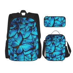 KoNsev Seekuh Tiere Kalb Rucksack Schulranzen Daypack mit Brotdose und Federmäppchen 3 in 1 Schultaschen Set, Viele blaue Schmetterlinge, Einheitsgröße von KoNsev