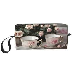 KoNsev Teetassen mit Rosen, romantischer Shabby-Reise-Kulturbeutel für Männer und Frauen, Zubehör-Organizer, kleine Münzgeldbörse, kleine Tasche, Teetassen mit Rosen Romantisch Shabby, Einheitsgröße von KoNsev