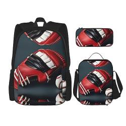 KoNsev Weihnachten Schneemann Rucksack Schultasche Daypack mit Lunchbox und Federmäppchen 3 in 1 Schultaschen Set, Baseball und Handschuh, Einheitsgröße von KoNsev
