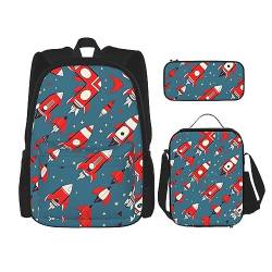 KoNsev Weihnachten Schneemann Rucksack Schultasche Daypack mit Lunchbox und Federmäppchen 3 in 1 Schultaschen Set, Cartoon-Raketen, Einheitsgröße von KoNsev