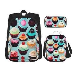Lustige Katzen Vögel Und Blumen Rucksack Schultasche Daypack Mit Lunchbox Und Federmäppchen 3 In 1 Schultaschen Set, Bunte Cupcakes, EinheitsgröÃŸe von KoNsev