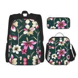 Pommersche Muster Rucksack Schultasche Daypack Mit Lunchbox Und Federmäppchen 3 In 1 Schultaschen Set, Pflanzen Blumen Blumen, EinheitsgröÃŸe von KoNsev