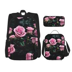 Pommersche Muster Rucksack Schultasche Daypack Mit Lunchbox Und Federmäppchen 3 In 1 Schultaschen Set, Rosa Rosenaufdruck, EinheitsgröÃŸe von KoNsev