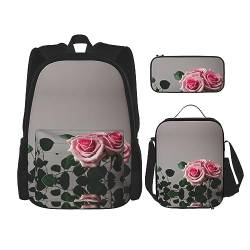 Rosa Rose Rucksack Schultasche Daypack Mit Lunchbox Und Federmäppchen 3 In 1 Schultaschen Set, Rosa Rose, EinheitsgröÃŸe von KoNsev