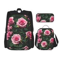 Rosa Rose Rucksack Schultasche Daypack Mit Lunchbox Und Federmäppchen 3 In 1 Schultaschen Set, Rosa Rosen Blumen, EinheitsgröÃŸe von KoNsev