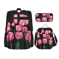 Rosa Weihnachtskugel-Rucksack Schultasche Daypack Mit Lunchbox Und Federmäppchen 3 In 1 Schultaschen Set, Rosa und Tulpenaufdruck, EinheitsgröÃŸe von KoNsev