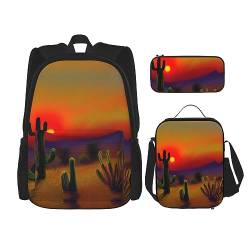 Rucksack / Schulranzen / Tagesrucksack mit Brotdose und Federmäppchen, 3-in-1, Weinrot, Sonnenuntergang Kaktus in der Wüste, EinheitsgröÃŸe von KoNsev