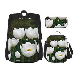 Rucksack / Schulranzen / Tagesrucksack mit Brotdose und Federmäppchen, 3-in-1, Weinrot, Weiße Tulpen Blume, EinheitsgröÃŸe von KoNsev