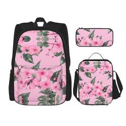 Rucksack mit Pfauenmuster, 3-in-1-Schulranzen-Set mit Brotdose und Federmäppchen, Violett, Rosa Kirschblüten, EinheitsgröÃŸe von KoNsev