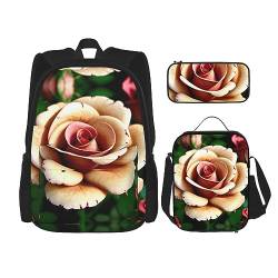 Skandinavische Tiere Rucksack Schultasche Daypack Mit Lunchbox Und Federmäppchen 3 In 1 Schultaschen Set, Rustikale Rose Blume, EinheitsgröÃŸe von KoNsev
