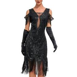 Damen Abendkleider Midi Karneval Eng Party Charleston Kleid Fransenkleid Sexy mit Fransen Faschings Pailettenkleider V Ausschnitt Silvester ohne Ärmeln Eng Glitzer Glitzerkleid 20er Jahre Kleid von Kobilee