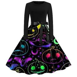 Halloween Kostüm Damen Kürbis Große Größen 50er Jahre Vintage Rockabilly Kleider Langarm Elegant a Linie Festliche Kleider Herbst Knielang Sexy Partykleid Halloween Kleid S-3XL von Kobilee