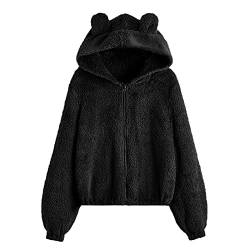 Kobilee Fleecemantel Damen Schwarz Jacke Übergang Winter Große Größen Teddyfleece Jacke Kuscheljacke Lang Warm Outdoor Herbst Teddy Jacken mit Ohren Zip Up mit Kapuze Plüsch Fleecejacke Teddyjacke von Kobilee