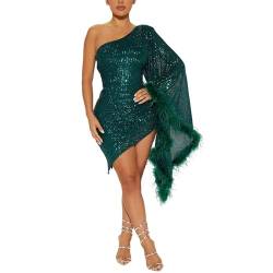 Silvester Kleid Damen Kurz One Shoulder Pailettenkleider Abschlussballkleid Party Curvy Elegant Kleid mit Pailletten mit Ärmeln Faschings Glitzerkleid Paillettenkleid von Kobilee