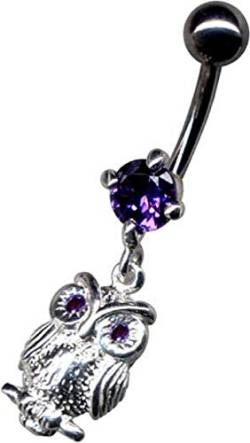 Bauchnabelpiercing ECHT SILBER 925er & ZIRKONIA-KRISTALL Chirurgen-Stahl 316L Edelstahl Banane Bananabell Piercing Barbell Bauch Stecker Nabelpiercing 1.6 x 10mm EULE OWL VOGEL BIRD VIOLETT von Körperschmuck