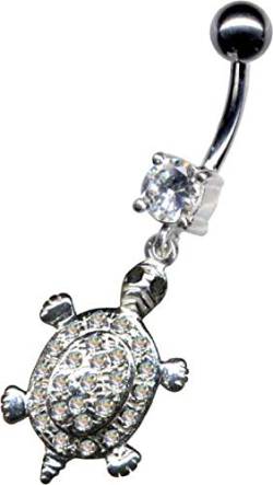 SCHILDKRÖTE TURTLE TIER KLAR WEISS Bauchnabelpiercing ECHT SILBER 925er ZIRKONIA-KRISTALL Anhänger Chirurgen-Stahl 316L Edelstahl Banane Bananabell Piercing Bauch Stecker Nabel-Piercing 1.6 x 10mm von Körperschmuck