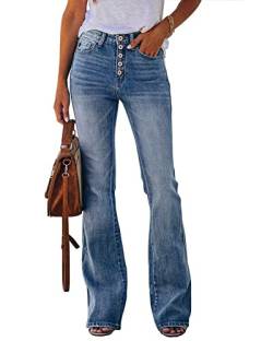 Koinshha Damen Jeans mit hoher Taille, Boyfriend-Stretch, ausgestellt, lässig, Bootcut, Hellblau (Button Fly), 44 von Koinshha