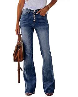 Koinshha Damen Jeans mit hoher Taille, Stretch, Boyfriend-Stil, Bootcut, A-1 Dunkelblau, 38 Lange von Koinshha