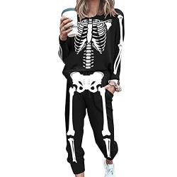 Damen 2 Stück Set Outfit Langarm Sweatshirt und Jogger Trainingsanzug Skelett Print Halloween Kostüm (Schwarz, X-Large) von Koitniecer