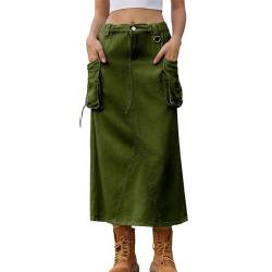 Damen Langer Frachtrock Low Rise Denim Midi Rock Modes Streetwear Back Bleistiftrock mit Taschen (Dunkelgrün, L) von Koitniecer