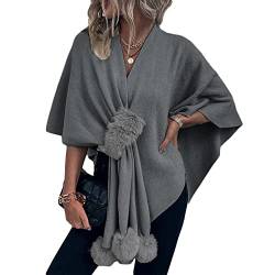 Damen Poncho Cape Winter Elegant Cardigan Kunstpelz Schal Wrap Strick Schal Cape Cardigan Warm Geschenk (Grau, One Size) von Koitniecer