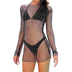 Damen Sheer Mesh Perle Strass Cover Up Kleid Langarm Strand Cover Up Bademode Bikini Badeanzug Coverups (Schwarz-Mini Länge, L) von Koitniecer