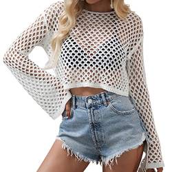 Koitniecer Damen Netzhemd Netz Langarm Oberteil Rundhals Durchsichtig Crop Top Sexy Clubwear Bluse (Weiß häkeln, Large) von Koitniecer