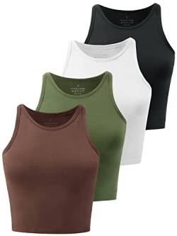 Kole Meego Crop Tops für Damen Workout Cropped Tank Top High Neck Camisole Yoga Shirts Athletic Unterhemden 4 Stück, Schwarz/Weiß/Kaffee/Oliv, Klein von Kole Meego
