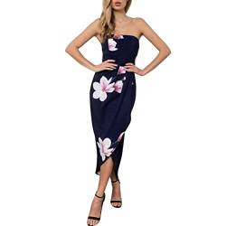 Kleid Damen Kolylong® Frauen Elegant Gestreift Ärmellose Kleid Knielang Slim Böhmen Kleid Mit Gürtel Retro Rückenfrei Schulterfrei Kleider Strandkleid Ballkleid Cocktail Party Abend (M, Marine-B) von Koly-Damen Kleid