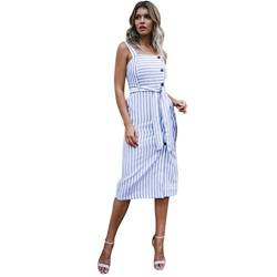 Kleid Damen Kolylong® Frauen Elegant Gestreift Ärmellose Kleid Knielang Slim Böhmen Kleid Mit Gürtel Retro Rückenfrei Schulterfrei Kleider Strandkleid Ballkleid Cocktail Party Abendkleid (S, Blau) von Koly-Damen Kleid