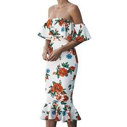 Kleid Damen Kolylong® Frauen Elegant Trägerloses Blumen Ärmelloses Kurzarm Kleid Lang Schulterfrei Maxikleid Rückenfrei Slim Bleistiftkleid Business Strandkleid Cocktail Party Abendkleid (L, Weiß) von Koly-Damen Kleid