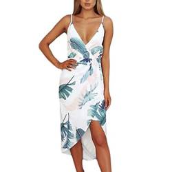 Kleid Damen Kolylong® Frauen Elegant V-Ausschnitt Blumendruck Ärmellose Kleid Unregelmäßig Retro Rückenfrei Schulterfrei Kleider Lang Print Böhmen Strandkleid Cocktail Party Abendkleid (L, Weiß) von Koly-Damen Kleid