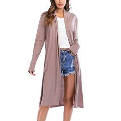 Strickjacke Damen Kolylong Frauen Elegant Einfarbig Lang Strickjacke Herbst Locker Open Front Cardigan Casual Langarm Wasserfall Jacke Asymmetrisch Strickmantel Outwear Pullover Tops (L, Khaki) von Koly-Damen Strickjacke