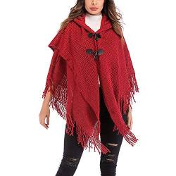 Strickjacke Damen Kolylong Frauen Elegant Quaste Strickjacke mit Kapuze Asymmetrisch Herbst Winter Warm Strickmantel Hoodie Cardigan Outwear Sweaters Poncho-Schal Langarmshirt Tops (One Size, Rot) von Koly-Damen Strickjacke