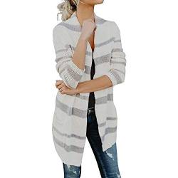 Strickjacke Kolylong Damen Elegant Streifen Lang Strickjacke mit Tasche Herbst Winter Warm Strickmantel Offene Outwear Loose Cardigan Mantel Sweaters Pullover Langarmshirt Tops (M, Weiß) von Koly-Damen Strickjacke