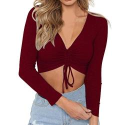 Sweatshirt Kolylong® Damen Elegant V-Ausschnitt Bandage Lange Ärmel Bluse Herbst Mode Langramshirt Kurz Festlich Oberteil Bauchfrei Slim Basic Shirt Party Tops Hemd Tunika Pulli Pullover (L, Wein) von Koly-Damen Tops