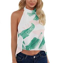 Tank TOS Damen Kolylong® Frauen Elegant Blumendruck Ärmellose Blusen Retro Böhmen Neckholder Top Sommer Sleeveless Shirt Print Rückenfrei Oberteile Stand Tunika Hemden Crop Weste Vest (L, Weiß) von Koly-Damen Tops