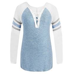 Übergröße Blusen Kolylong® Damen Elegant V-Ausschnitt Bandage Lange Ärmel Bluse Casual Streifen Langarmshirts Plus Size T-Shirt Oberteil Hemd Sweatshirt Pullover Tunika Tops L-5XL (L, Blau) von Koly-Damen Tops