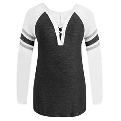 Übergröße Blusen Kolylong® Damen Elegant V-Ausschnitt Bandage Lange Ärmel Bluse Casual Streifen Langarmshirts Plus Size T-Shirt Oberteil Hemd Sweatshirt Pullover Tunika Tops L-5XL (L, Schwarz) von Koly-Damen Tops