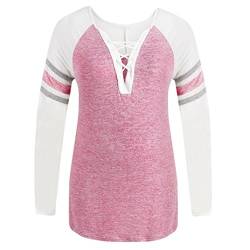 Übergröße Blusen Kolylong® Damen Elegant V-Ausschnitt Bandage Lange Ärmel Bluse Casual Streifen Langarmshirts Plus Size T-Shirt Oberteil Hemd Sweatshirt Pullover Tunika Tops L-5XL (XL, Pink) von Koly-Damen Tops