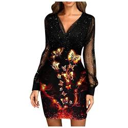 Kolylong® Damen Elegant Abendkleid Langarm V-Ausschnitt Spitzenkleid Glänzend Kleid Sexy Slim fit Partykleid Spitzen Spleißen Shortkleid Mode Ballkleid Hohe Taille Etuikleid für Frauen von Koly-Hundebett