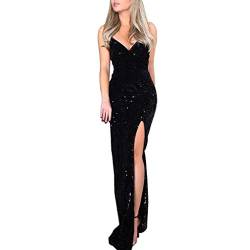 Kolylong® Damen Elegant Paillettenkleid Tief V-Ausschnitt Abendkleid Mit Schlitz Ärmelloses Sexy Partykleid Spaghettiträger Kleid Glänzend Kleid Slim fit Cocktailkleid Mode Maxikleid von Koly-Hundebett